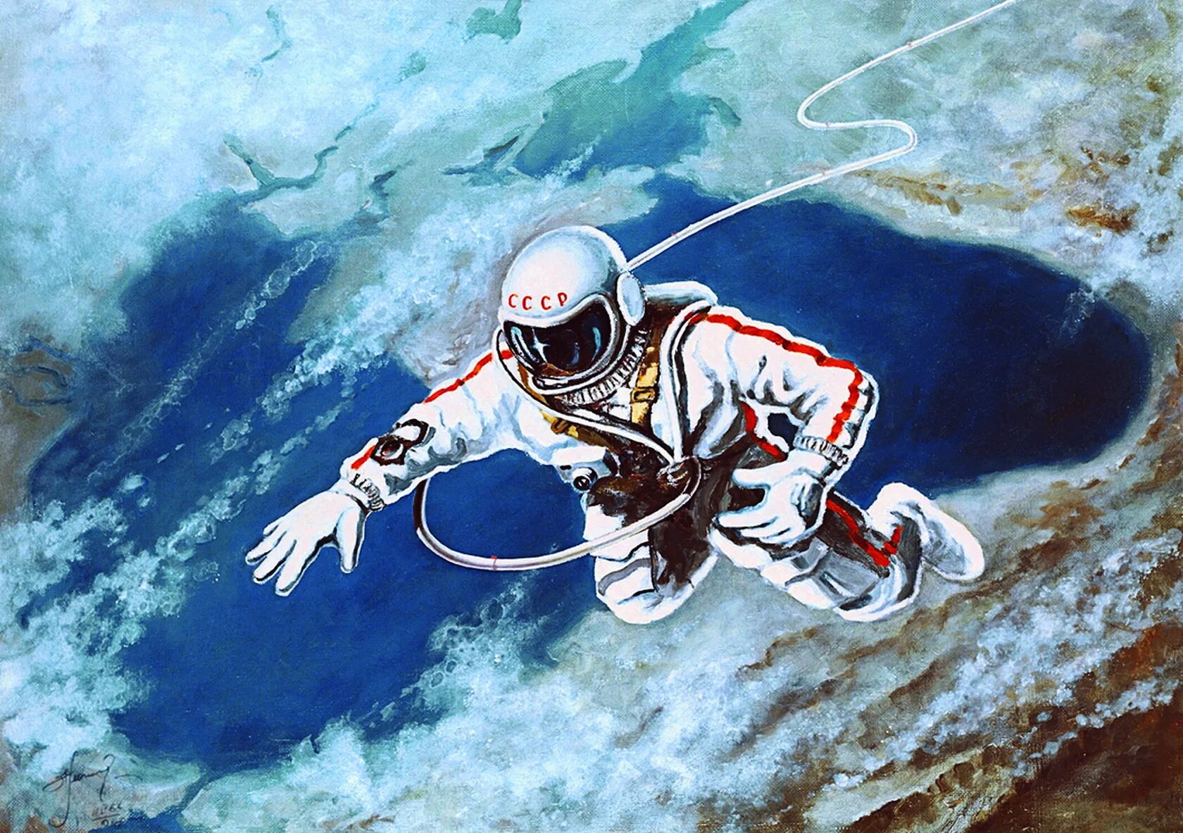 Первый российский космонавт вышедший в открытый космос. Картина Алексея Леонова над черным морем.