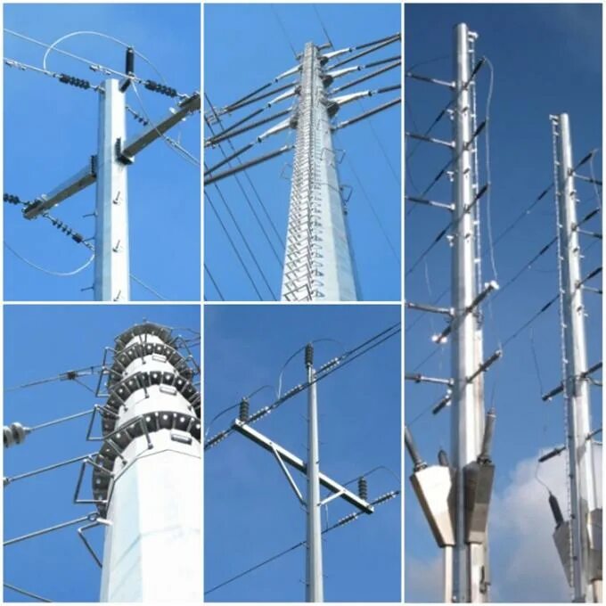 Electric Power line 10 KV. Hi Voltage transmission Steel Pole. Power transmission line Pole. Overhead 110kw Steel Poles.