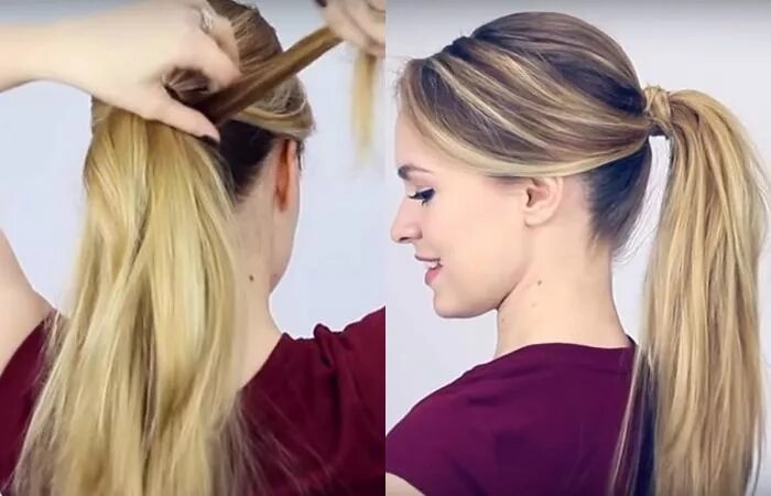 Как завязать волосы резинкой. Прическа бантик из хвоста. Как завязать хвост резинкой. Красивый хвостик на средние волосы. Как завязать хвост резинкой.