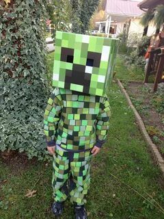 DIY Minecraft Creeper Costume Gray sweatsuit with 1.5 inch squares of green...