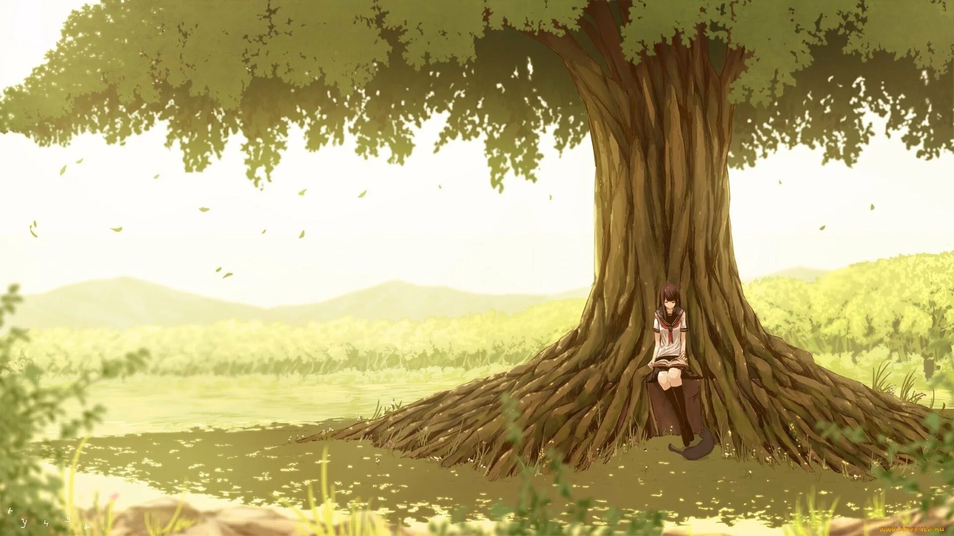 Человек под дубом. Дерево вблизи арт. Девочка под деревом. Арты деревьев.