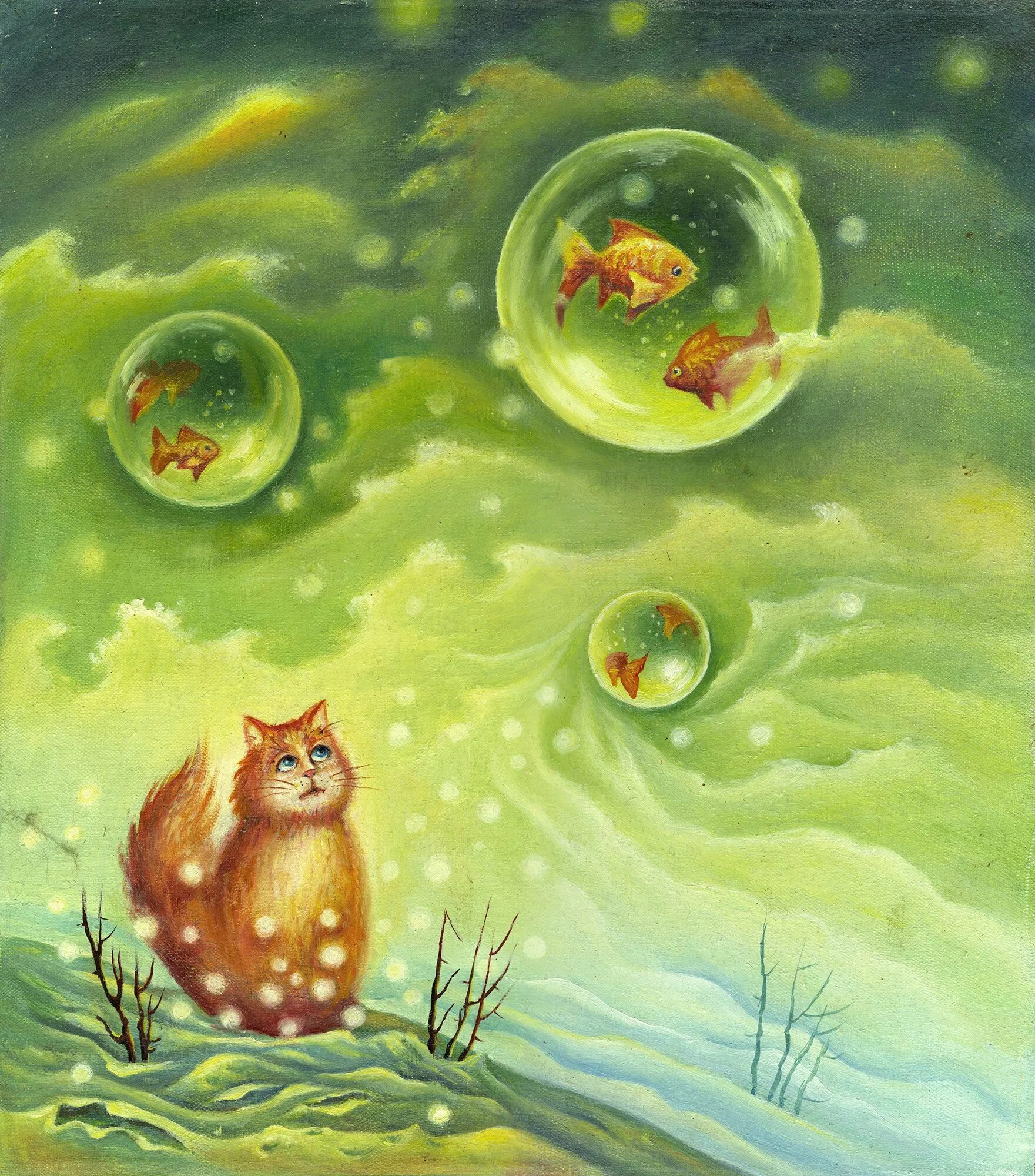 Мечтающий кот. Волшебные коты. волшебный кот рисунок. кот с рыбой арт.