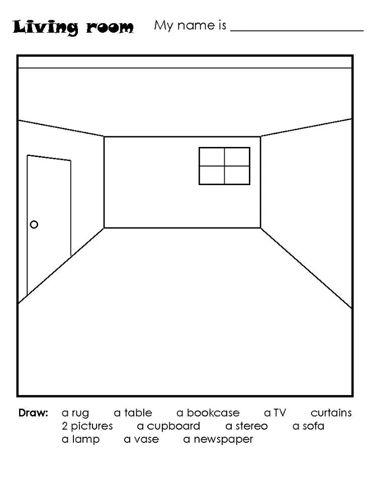 Рисунок комнаты 3 класс английский язык. Раскраска комната. Комната шаблон для рисования. Чертеж комнаты. Пустая комната раскраска.