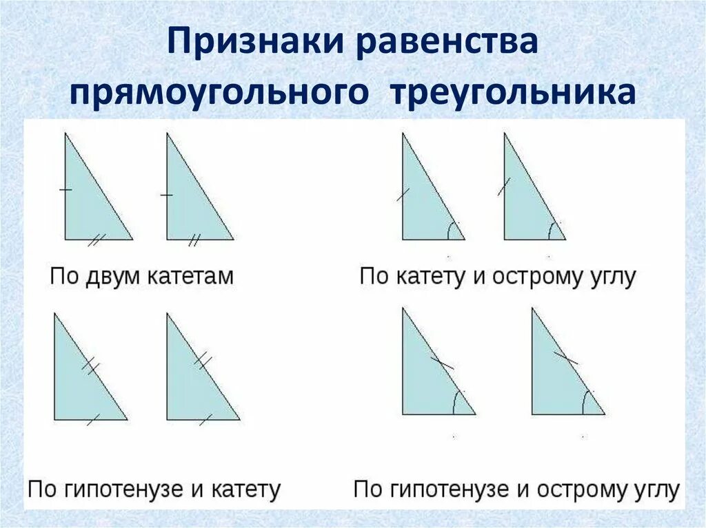 Урок признаки равенства прямоугольных треугольников 7 класс. 4 Признака равенства прямоугольных треугольников 7 класс. 5 Свойств равенства прямоугольных треугольников. 5 Признаков равенства прямоугольных треугольников. 1 Признак равенства прямоугольных треугольников.