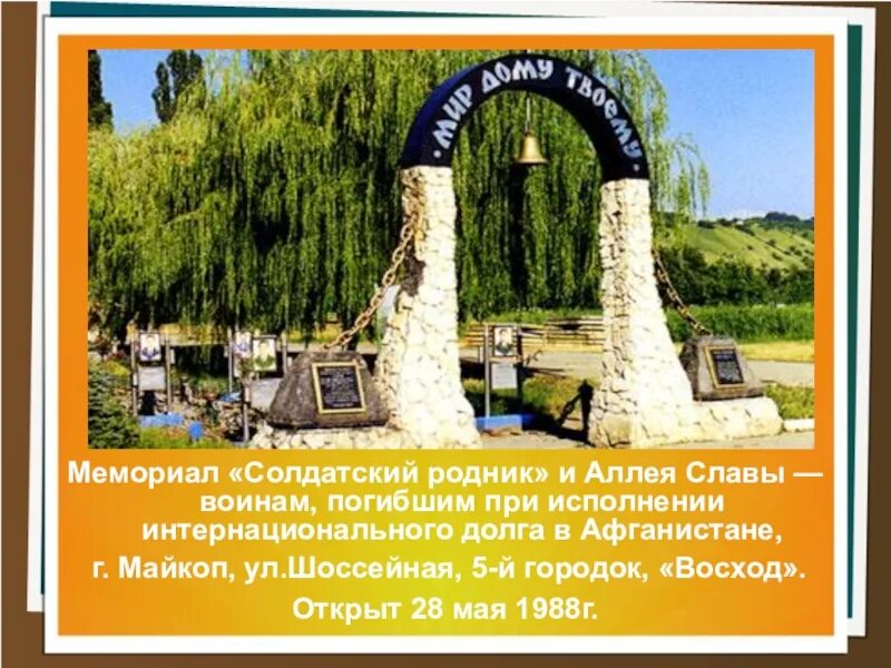 Майкоп вклад. Мемориал солдатский Родник в Майкопе. Майкоп доклад. Монумент Майкоп. Сообщение о городе Майкоп.