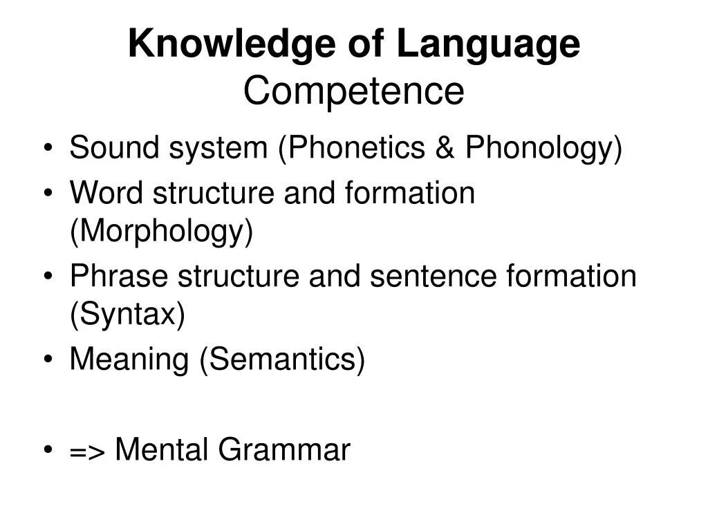 Foreign language competence. Language competence. language competence is. phonetics, phonology, and morphology. phonology/morphology/syntax/semantics.