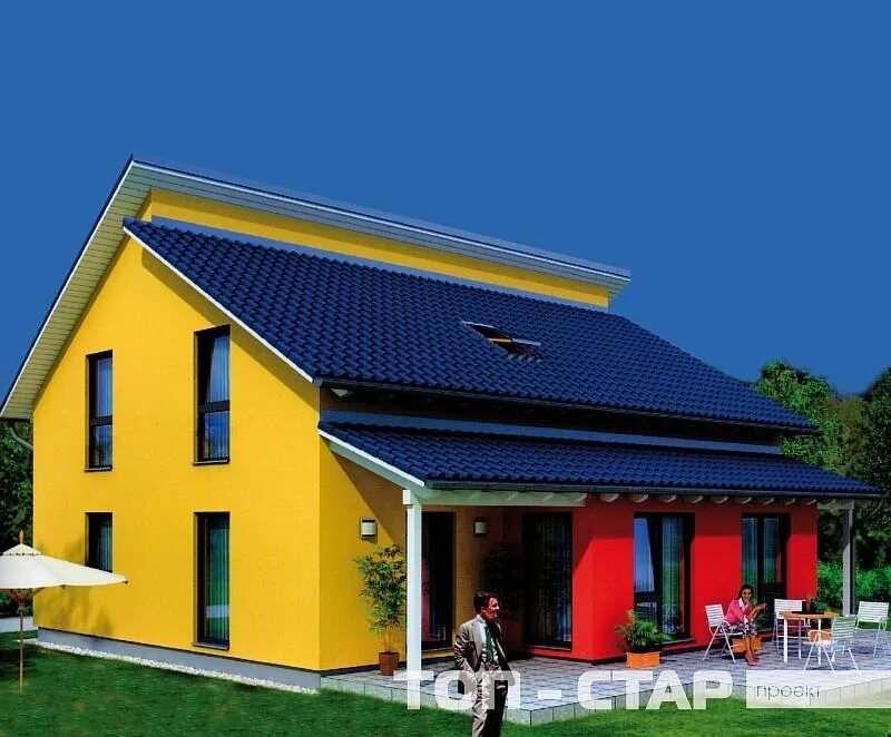 Желто синий домик. Желтый дом с синей крышей. Фасад с синей крышей. Дом с желтой крышей. Фасад дома с синей крышей.