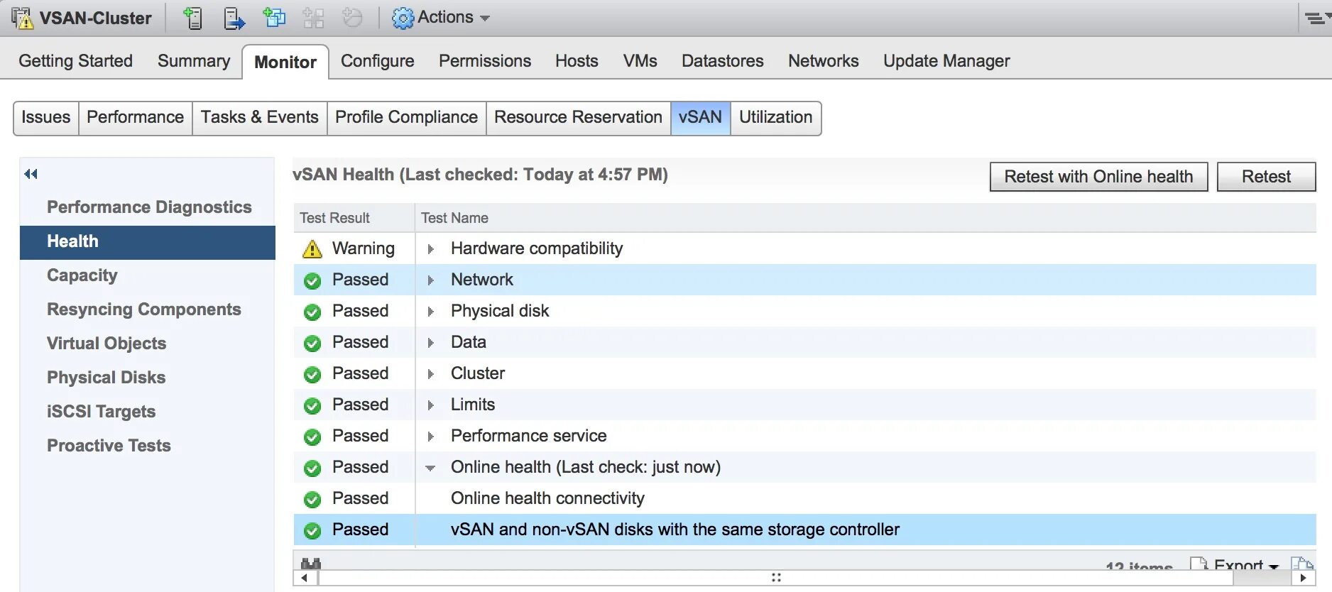 Host permissions. Health check Monitor. VSAN default Storage Policy.