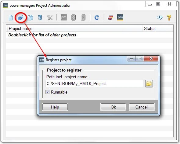 POWERMANAGER auto. Project register. Register program