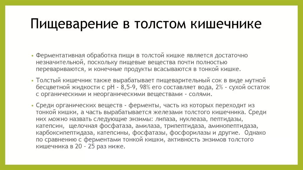 Толще значение. Пищеварение в толстом кишечнике физиология кратко. Пищееварение в толстом КИШ. Пищеворениев толстом кишечнике. Пищеварительные ферменты в толстом кишечнике.