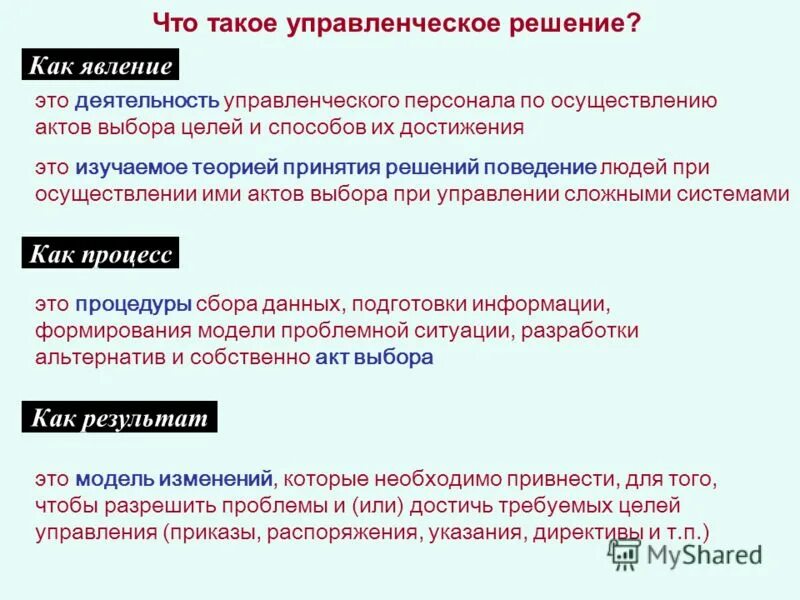 Управленческое решение как процесс и как явление. Управленческое решение как явление предстает в виде. Решение как акт выбора. Управленческое решение как документ, как выбор. Реализация актов управления