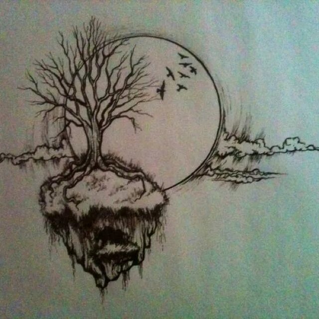 Дерево тату эскиз. Тату дерево остров. Летающий остров эскиз. Мистические рисунки карандашом.