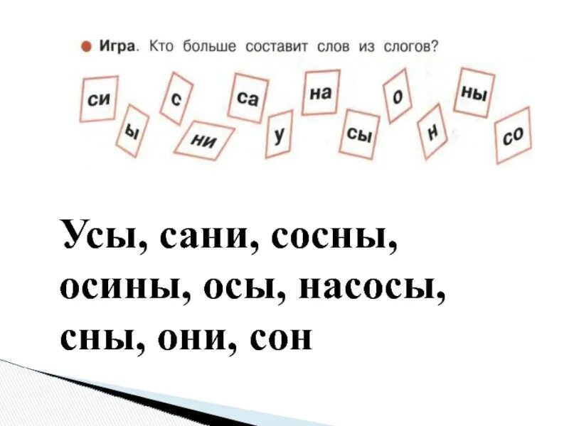 Слова на слог ос. У осины осы а у ОС усы у сани носок а у Инны.