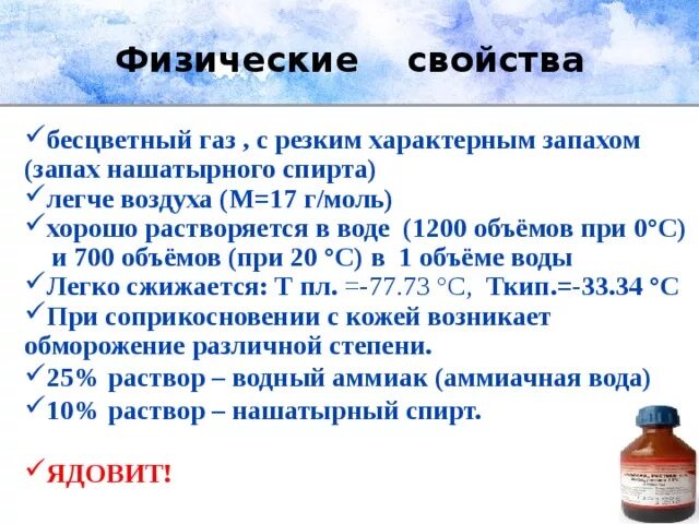 Запах ванили и вкус спирта. Характеристика нашатырного спирта. Физические свойства амяк. Характеристика аммиака физические свойства. Физические свойства амиак.