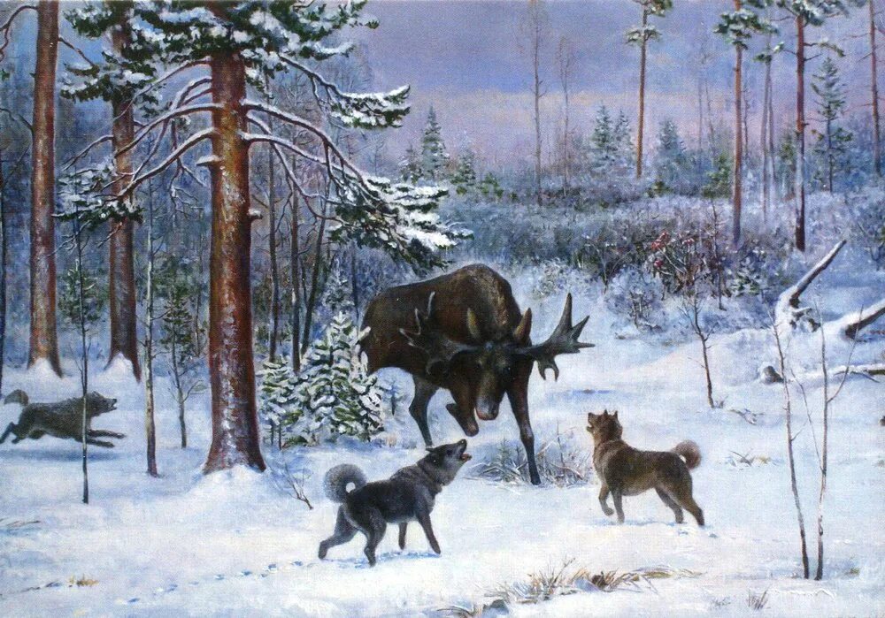 Про лося и волка. Картина охота. Охотник в лесу зимой в живописи. Охота в живописи. Картины охота с лайкой.