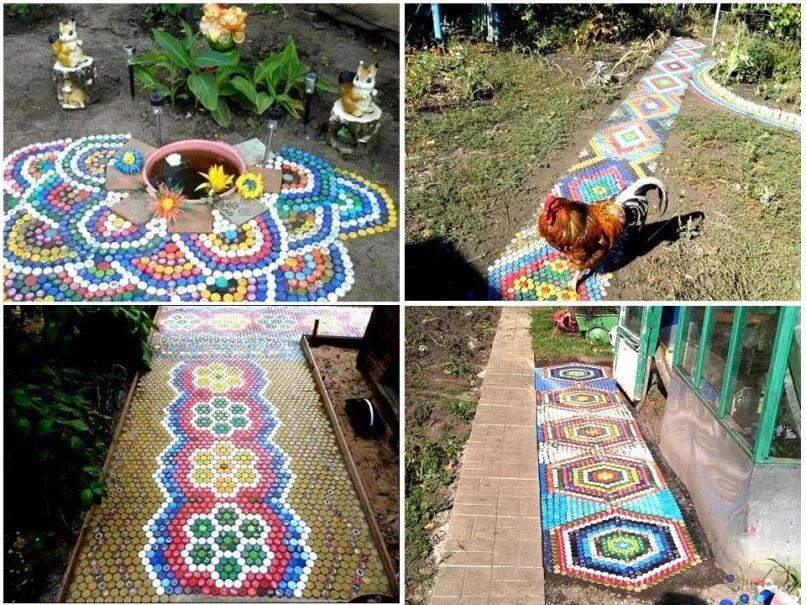 панно из бутылочных крышек. дорожка из крышек от пластиковых. забор из крышек от пластиковых. пластиковые пробки для дачи. дорожка из бутылочных крышек.