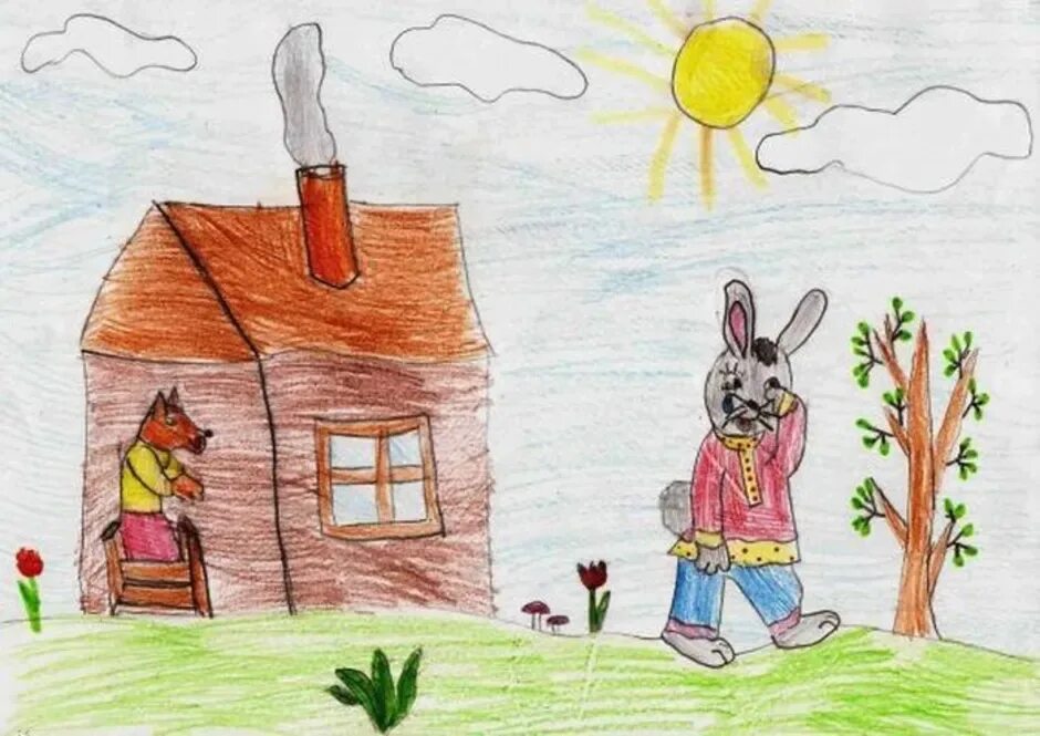 Лиса и заяц. Иллюстрации к сказке лиса и заяц. Рисунок к сказке лиса и заяц. Рисование лиса и заяц. Рисование по сказке лиса и заяц