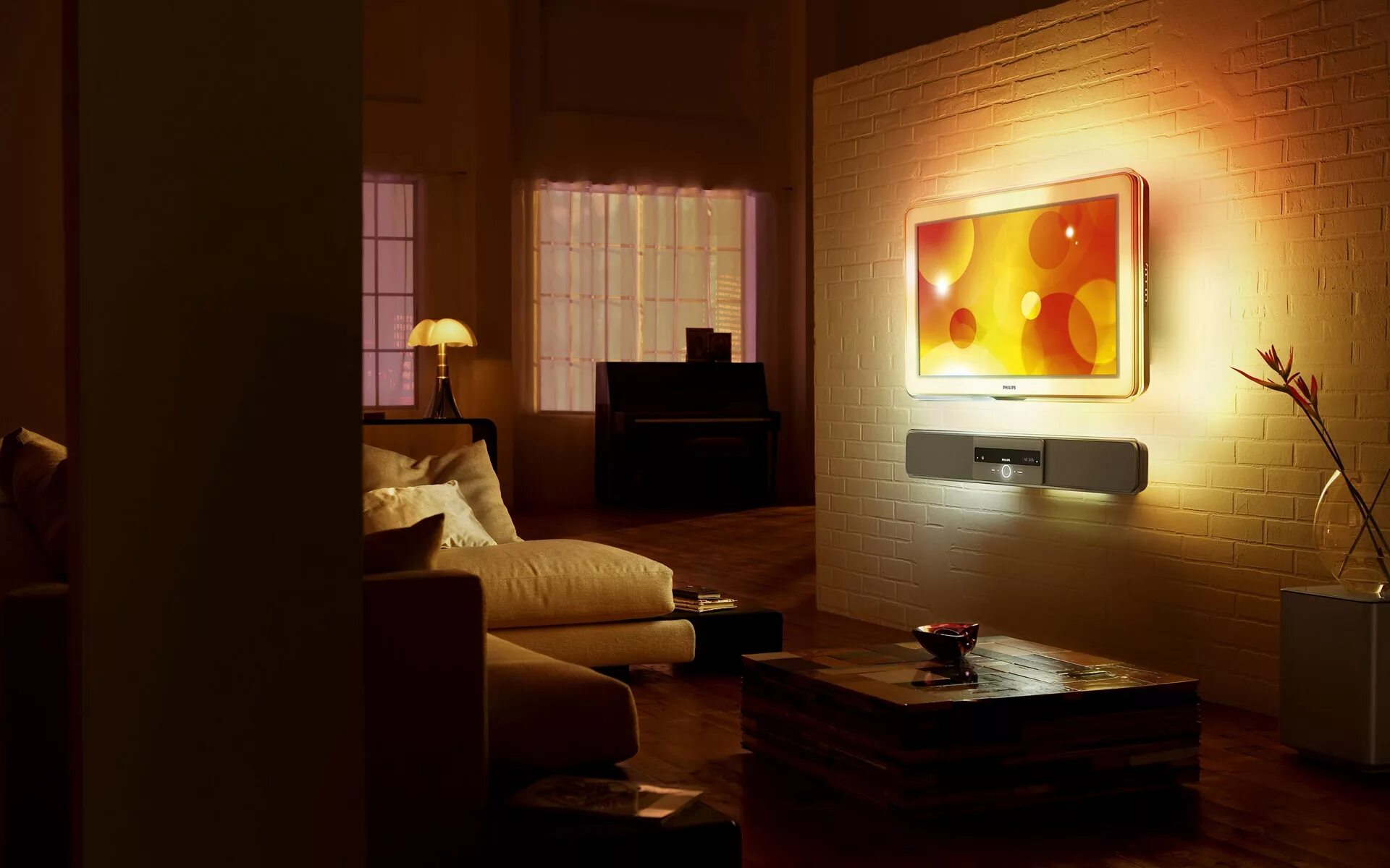 Телевизор включается подсветка. Интерьер комнаты. Вечернее освещение в интерьере. Уютная комната с подсветкой. Гостиная с подсветкой.