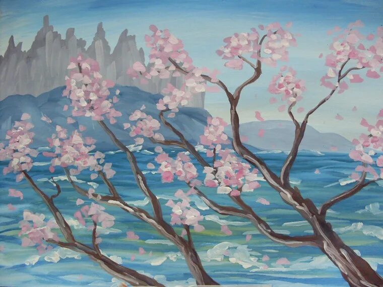 Изо сакура. Рисование весеннего пейзажа. Весенний пейзаж гуашью. Краски весны.