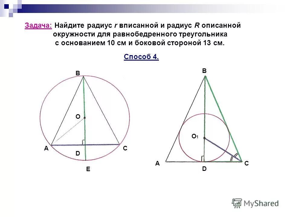 Радиус окружности описанной около треугольника 30. Центр описанной окружности равнобедренного треугольника. Описанная окружность равнобедренного треугольника. Вписанная и описанная окружность в равнобедренный треугольник. Радиус описанной окружности равнобедренного треугольника.