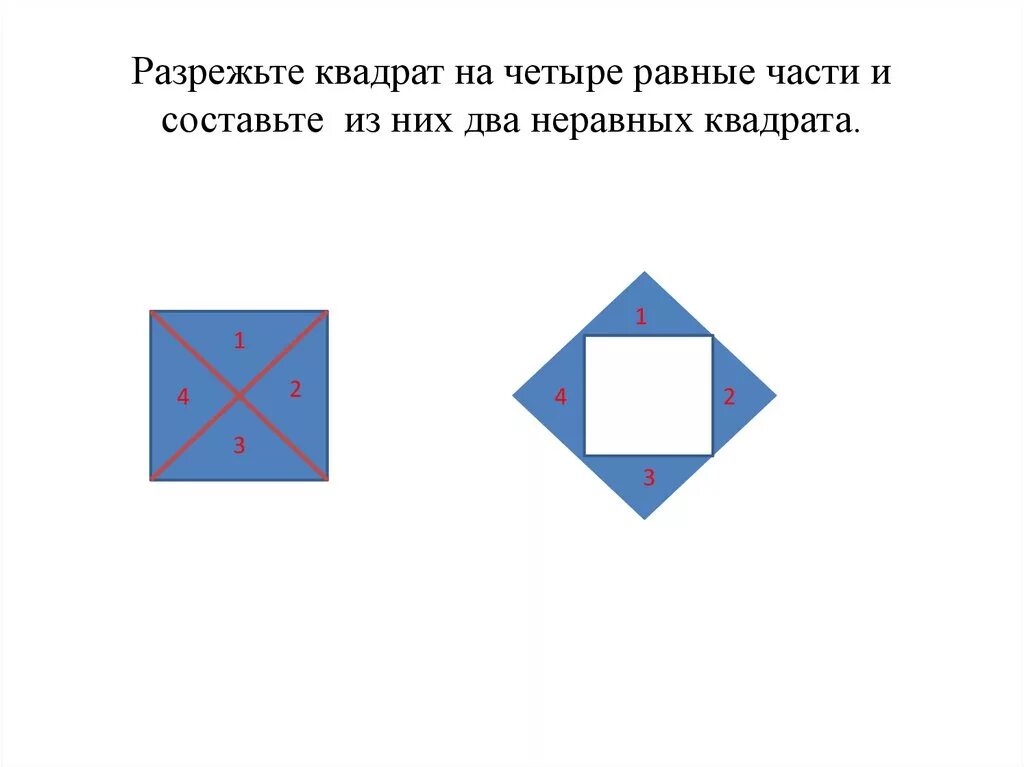 Какой из квадратов поделен на 2 неравные. Квадрат разрезанный на 4 части. Разрезание квадрата на равные части. Квадрат из разрезных частей 5. Разрежьте квадрат на 4 равные части.