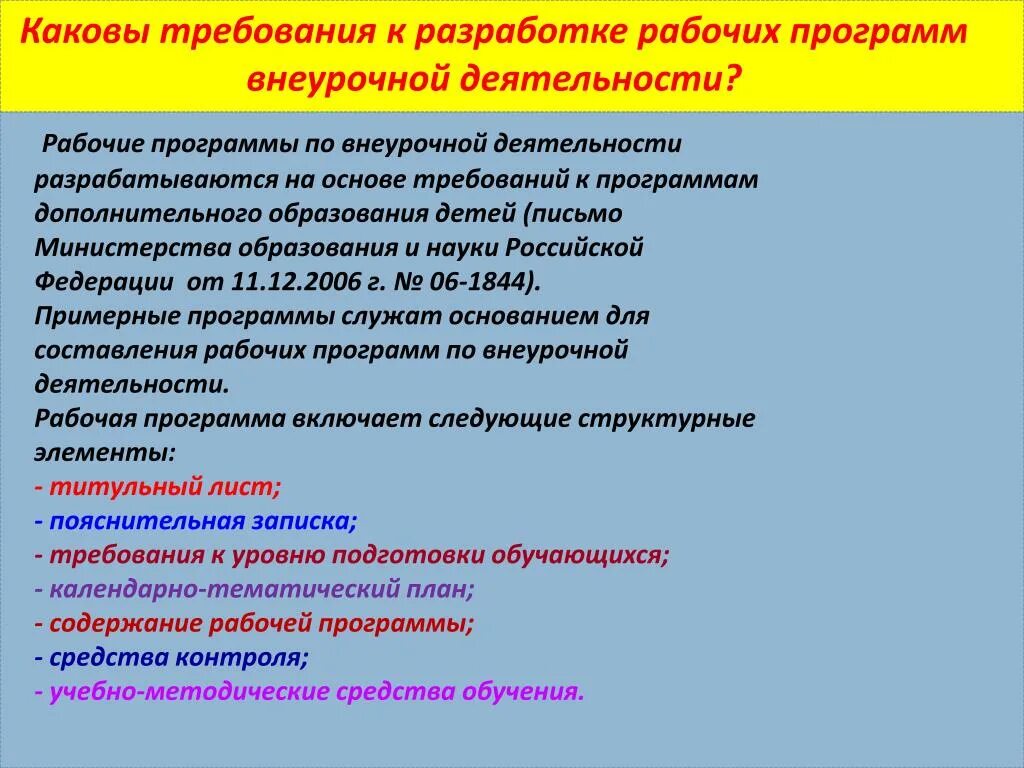 Требования к содержанию программы. Требования к программам внеурочной деятельности. Рабочая программа. Требования к программам дополнительного образования.