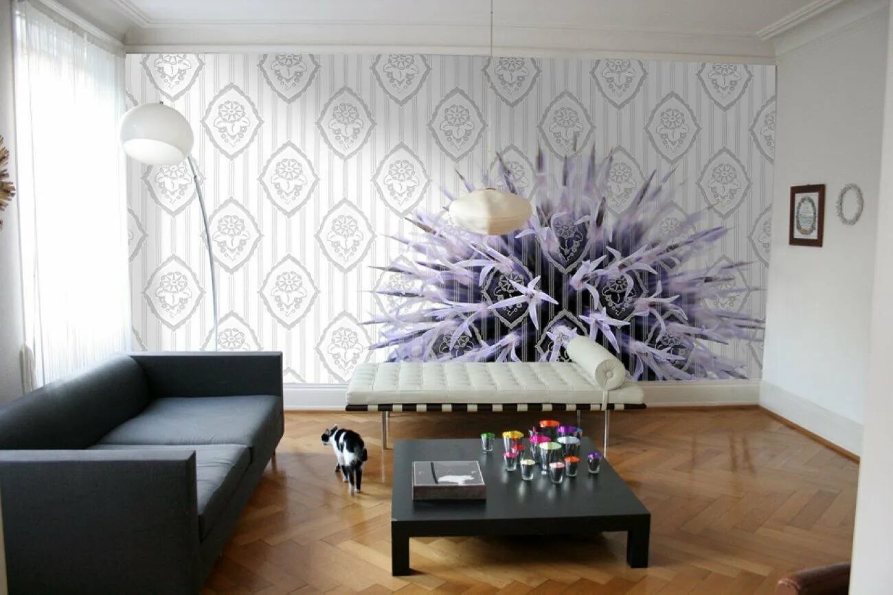 Интерьер стен без обоев Hand-painted Chinese silk wallpaper with Chinoiserie floral pattern Монохромная