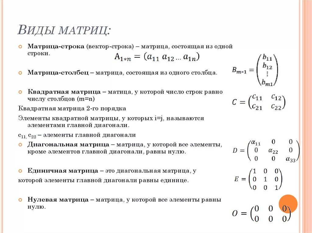 Определить вид матрицы. Матрицы виды матрицы элементы матрицы. Типы матриц в математике. Виды матриц в математике список. Матрицы типы матриц определение в математике.