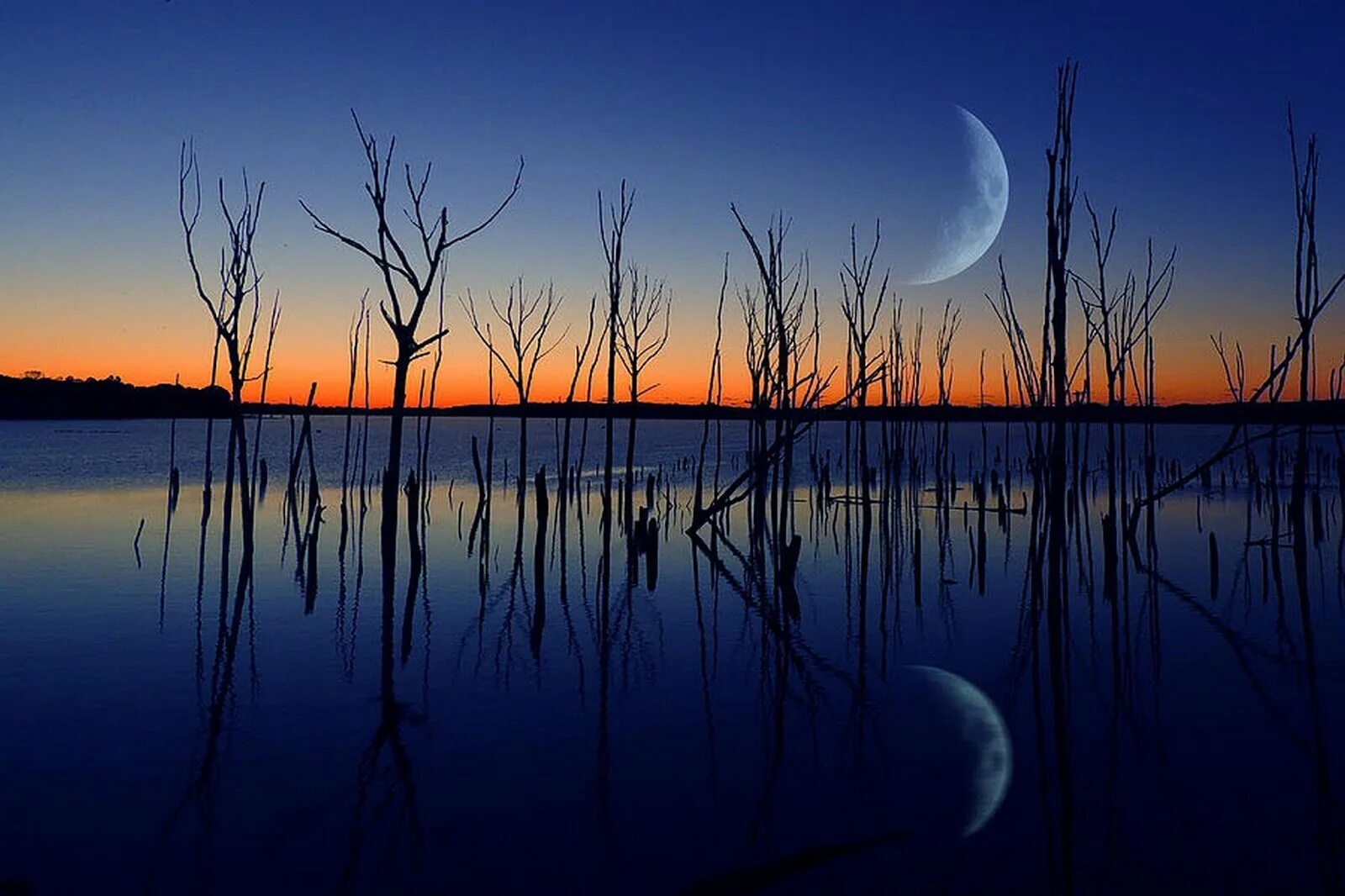 1 месяц в озере. Пейзаж с луной. Месяц над озером. Отражение Луны. Луна над озером.