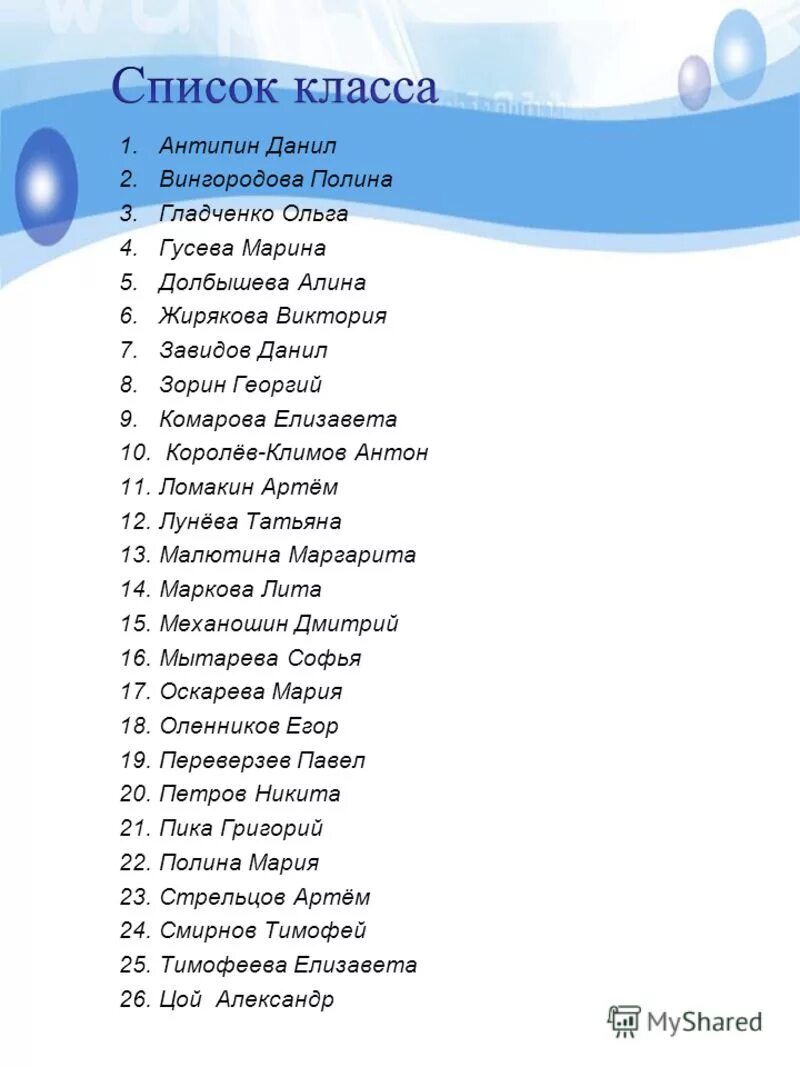 Список класса 3 а. Список класса 3 а