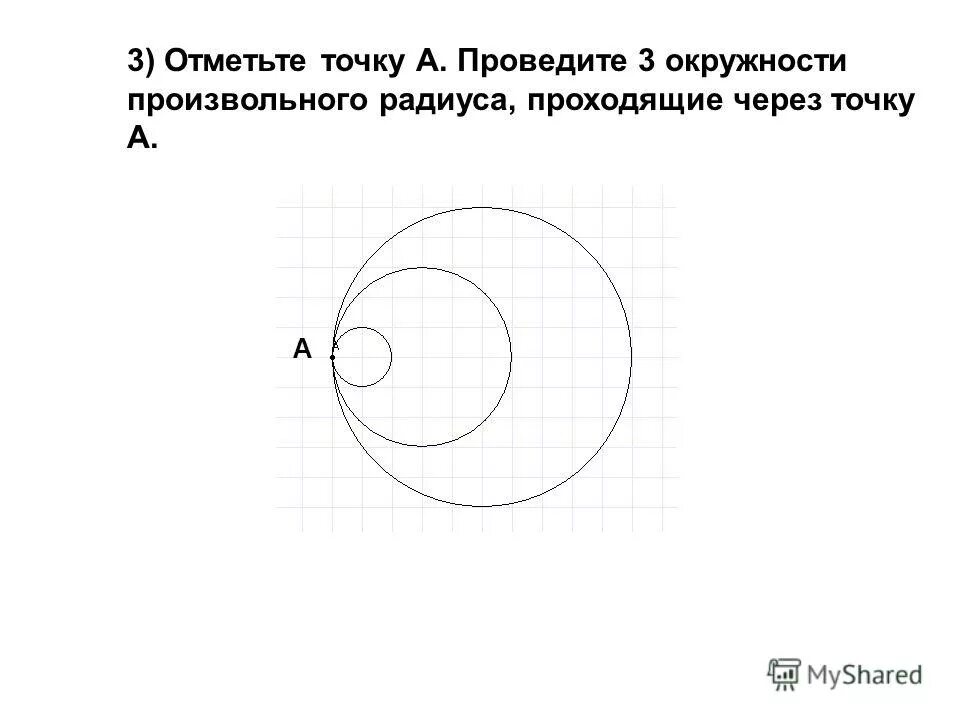 Точка равноудаленная от всех точек окружности. Произвольная точка окружности. Произвольный круг. Произвольный радиус. Точка пересечения двух окружностей равноудалена от центров.