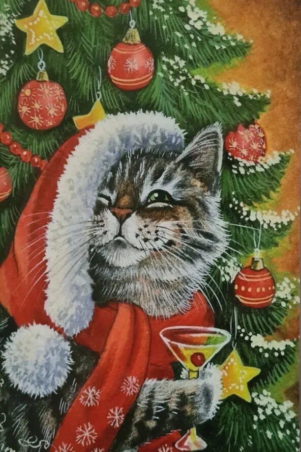 Старый новый кот. Новогодние коты ирины гармашовой. новогодняя открытка с котом. новогодние открытки с котиками.