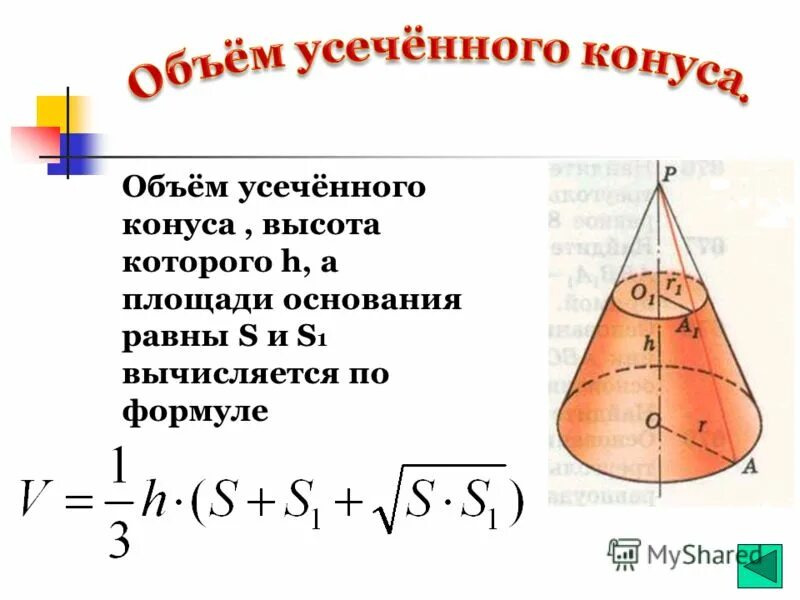 Объем конуса равен 168. Усечённый конус объём. Конус усеченный конус объем. Объем конуса усеченного конуса. Площадь пирамиды усеченной конуса.