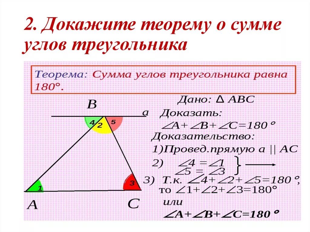 Сумма углов треугольника теорема доказательство 7. Доказательство теоремы о сумме углов треугольника 7 класс. Теорема о сумме углов треугольника с доказательством. Докажите теорему о сумме углов треугольника. Теорема о сумме углов тр.