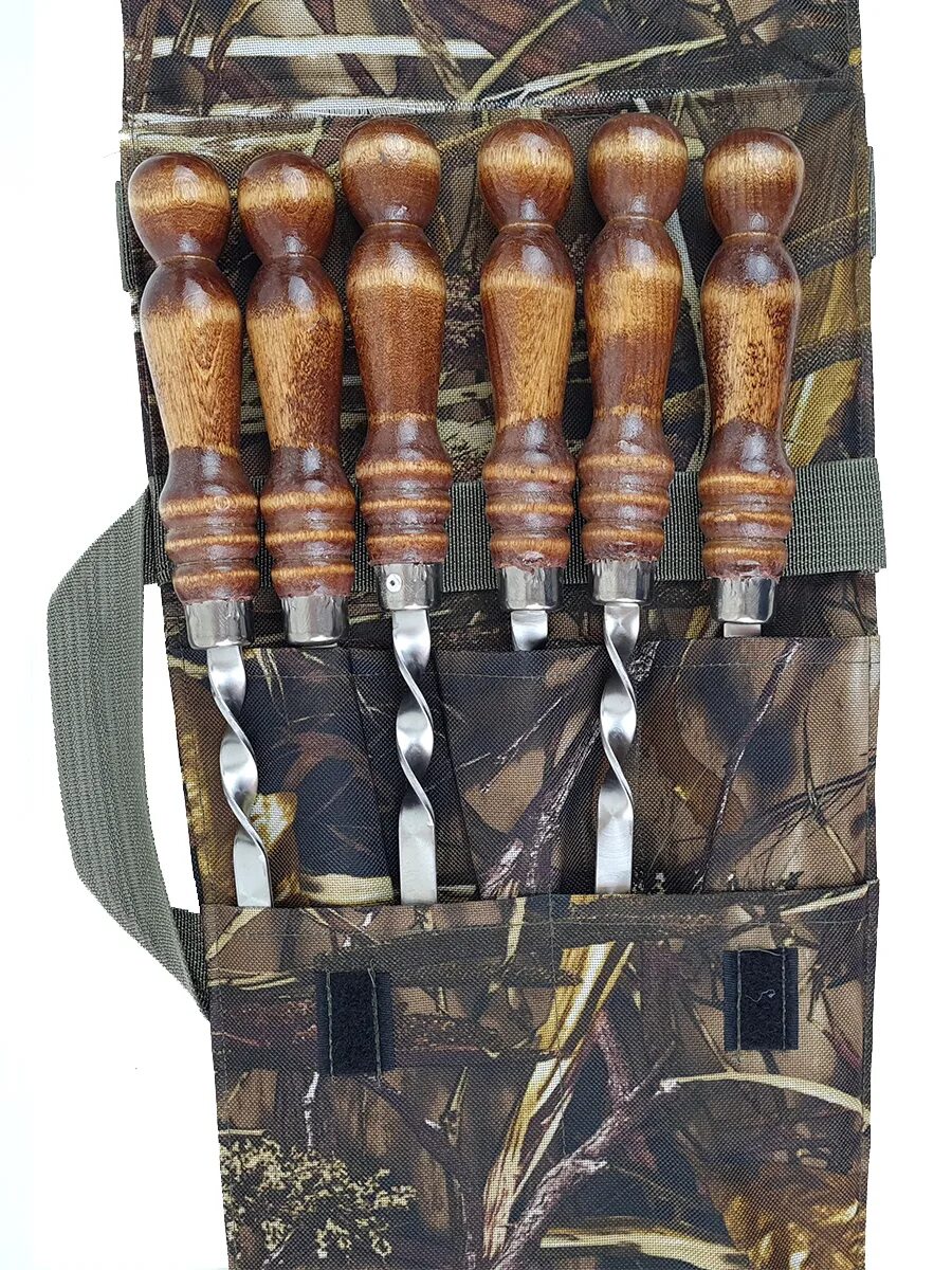 набор шампуров венге элит. шампур в руке. набор шампуров в чехле 500 мм (6 шт. "набор шампуров в колчане (40 см) ""лес"" №1". , угловые) firewood.