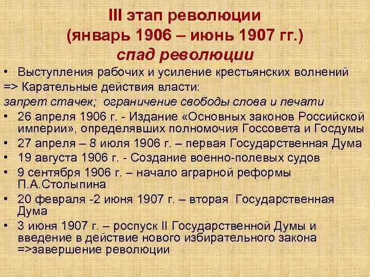 3 Этап революции 1906-1907. Третий этап революции: январь 1906 - 3 июня 1907. Январь 1906 июнь 1907. 3 Этап январь 1906 июль 1907.