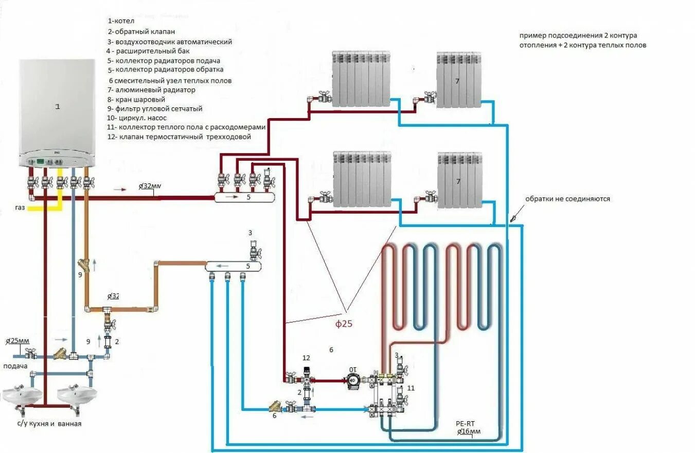 Схема подключения настенных газовых котлов. Схема подключения радиаторов отопления к газовому котлу. Отопление в частном доме газовый котел настенный схема подключения. Схема подключения отопления к котлу с теплым полом. Схема подключения отопления к газовому котлу навесной.