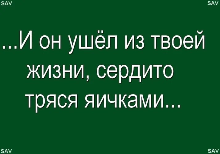 А пока мотает жизнь. И он ушёл из твоей жизни сердито тряся яичками. И он ушел из ее жизни сердито тряся яичками. Он ушел из моей жизни сердито тряся яичками. Бля пиздец аж сердце треснуло.