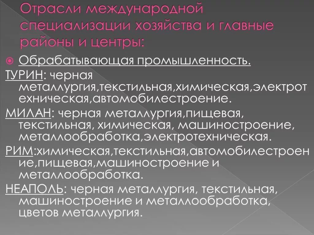 Отраслями специализации центра являются. Отрасли международной специализации Италии. Международная социализация Италии. Международная специализация Италии. Италия отрасль и их Международная специализация.