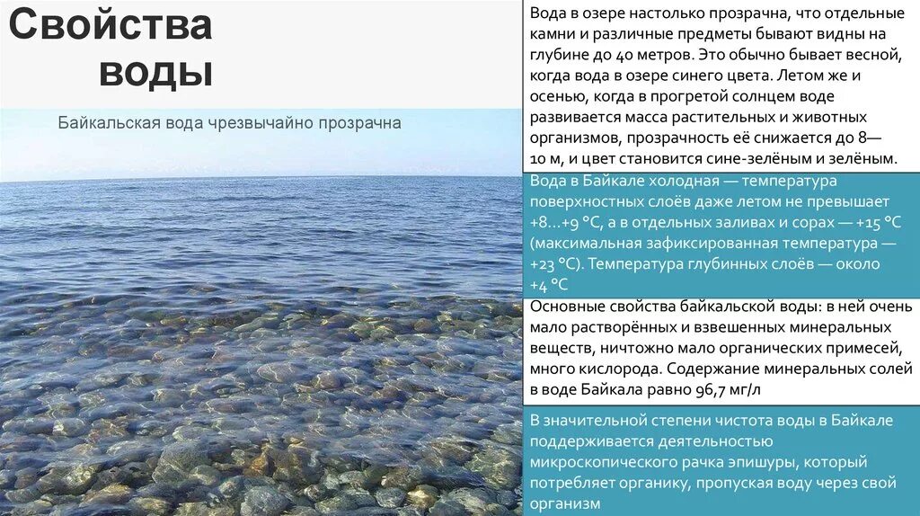 Характеристика воды. Свойство воды прозрачность. Характеристика воды Байкала. Уникальность Байкальской воды. Температура в озерах летом