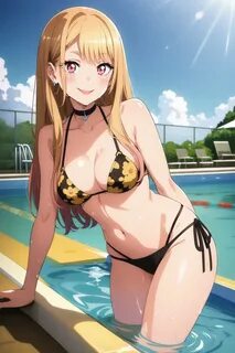 1girls, ai generated, big breasts, bikini, black bikini, blonde hair, busty...