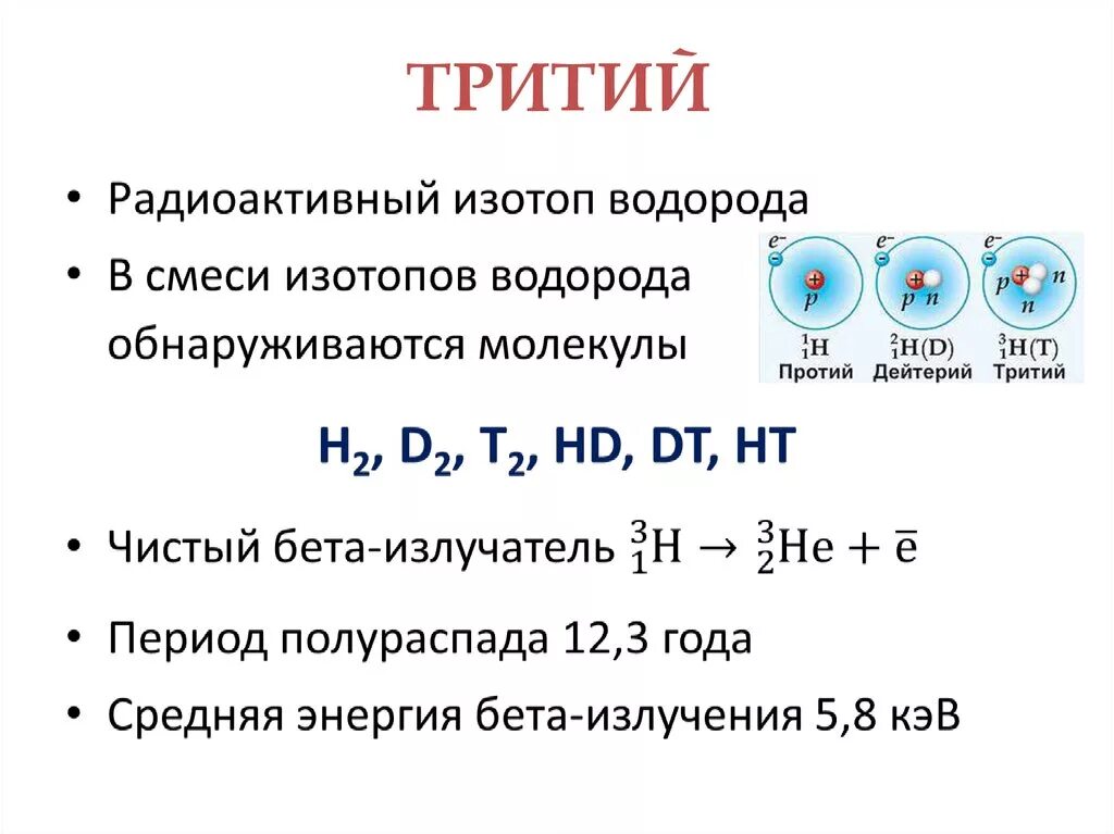 Бета изотоп 2. Изотопы протий дейтерий тритий. Атомное строение трития. Изотоп водорода тритий формула. Радиоактивность трития.