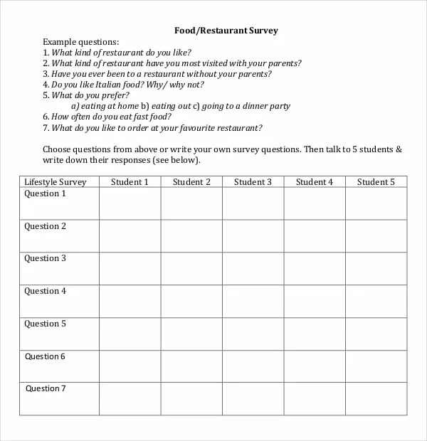 Survey example. Food survey questions. survey sample. questionnaire survey.
