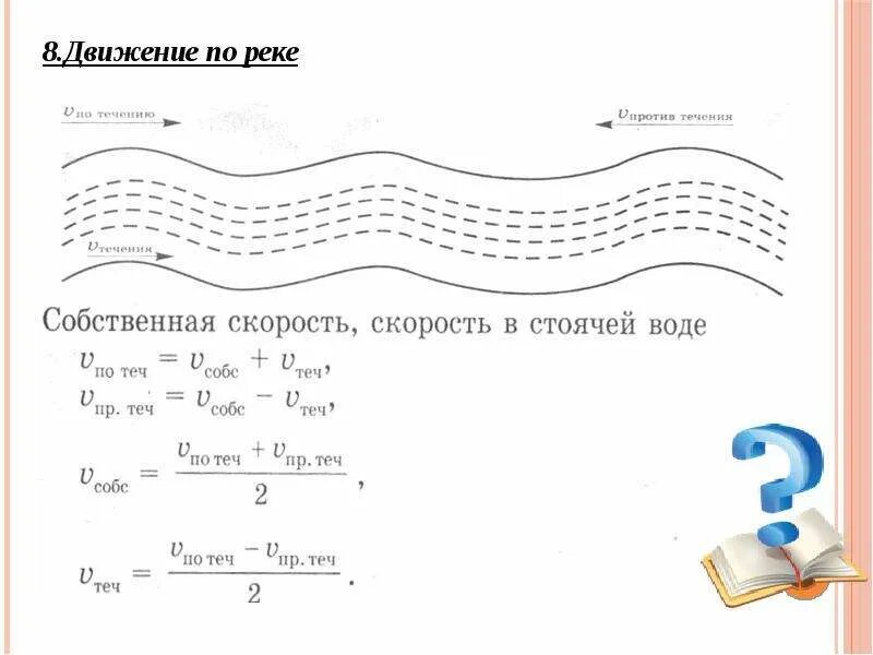 Стоячая вода в задачах. Скорость в стоячей воде формула. Движение в стоячей воде. Формула на течение в стоячей воде. Стоячая вода формулы.