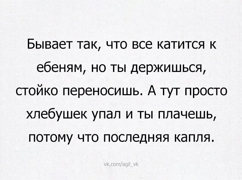 Бывает терпишь терпишь. Всё катится к ебеням. Хлебушек упал и ты плачешь. Качусь к ебеням. Всё летит к ебеням.