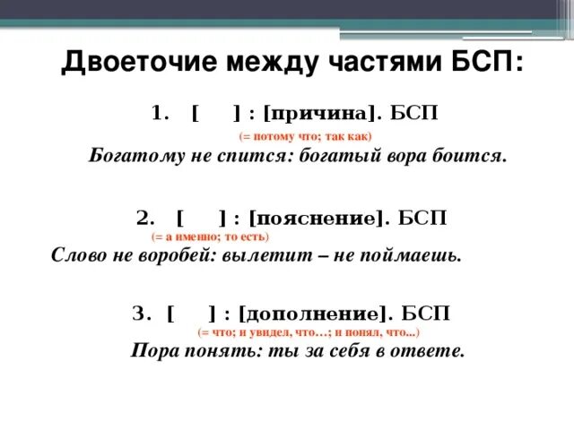 Дополнение в бессоюзном сложном. БСП предложения со значением дополнения причины пояснения. Предложение БСП С двоеточием причина. Бессоюзные предложения со значением причины пояснения дополнения. Двоеточие в бессоюзном сложном предложении.