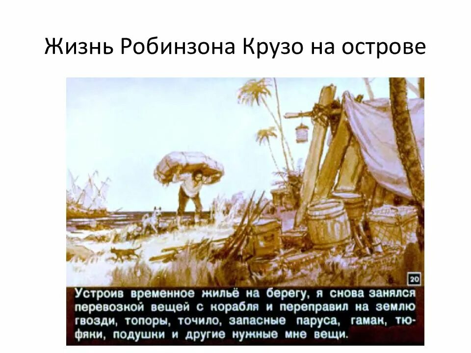 Жизнь робинзона крузо на острове. Робинзон Крузо строит хижину. Диафильм Робинзон Крузо. Шалаш Робинзона Крузо. Жилье Робинзона Крузо на острове.