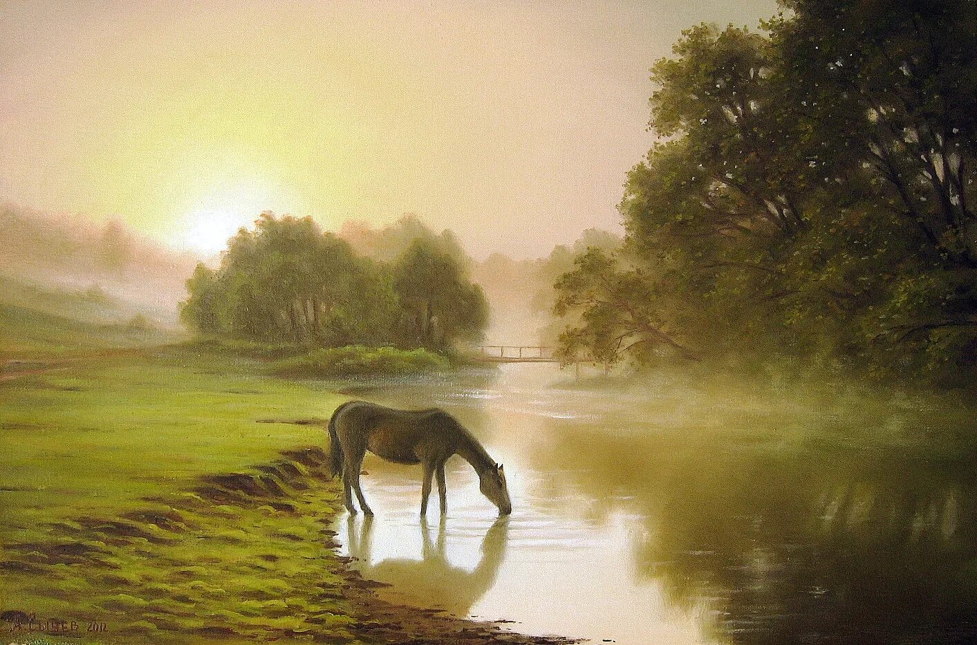 Чудесный витязь коня из реки. Картины художника Сычева Алексея.