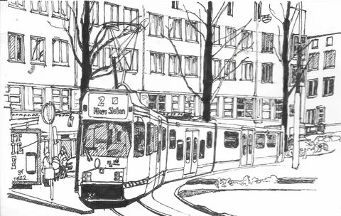 Number 2 tram in Amsterdam sketched with 0.5mm sketching pen Drawings, Illustrat
