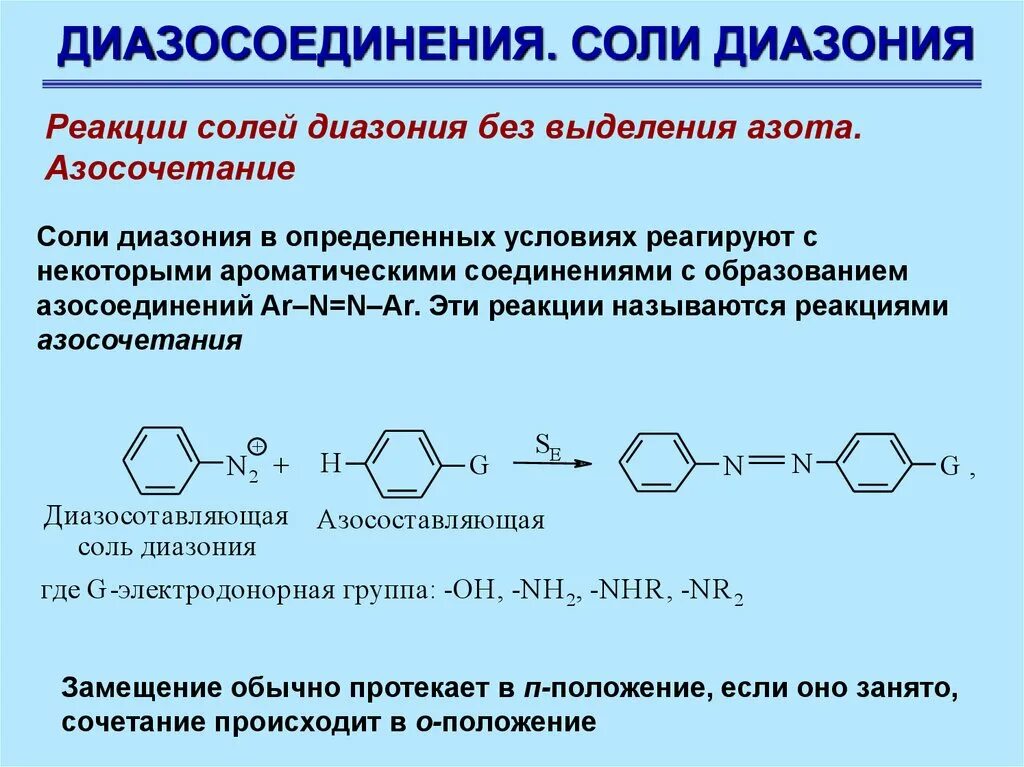 Выделение азота реакция. Реакции солей диазония без выделения азота. Строение ароматических солей диазония. Реакция диазотирования солей диазония. Механизм реакции азосочетания.